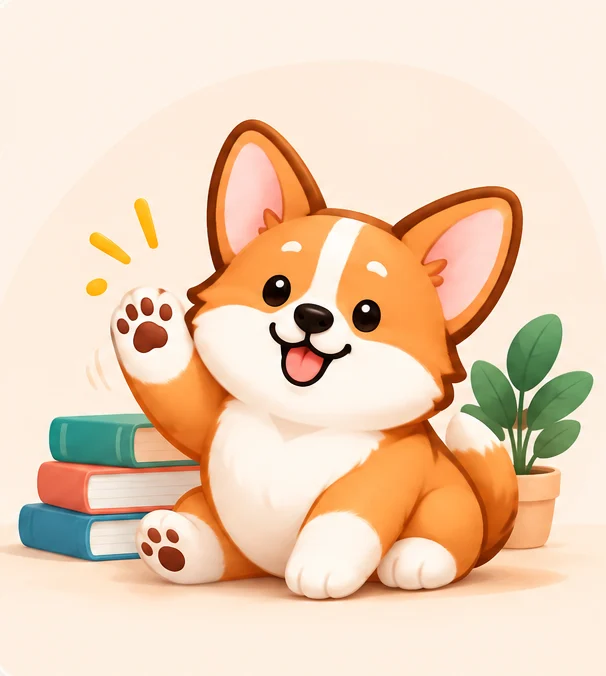 Chú Corgi Band7Writing vẫy chào bên chồng sách
